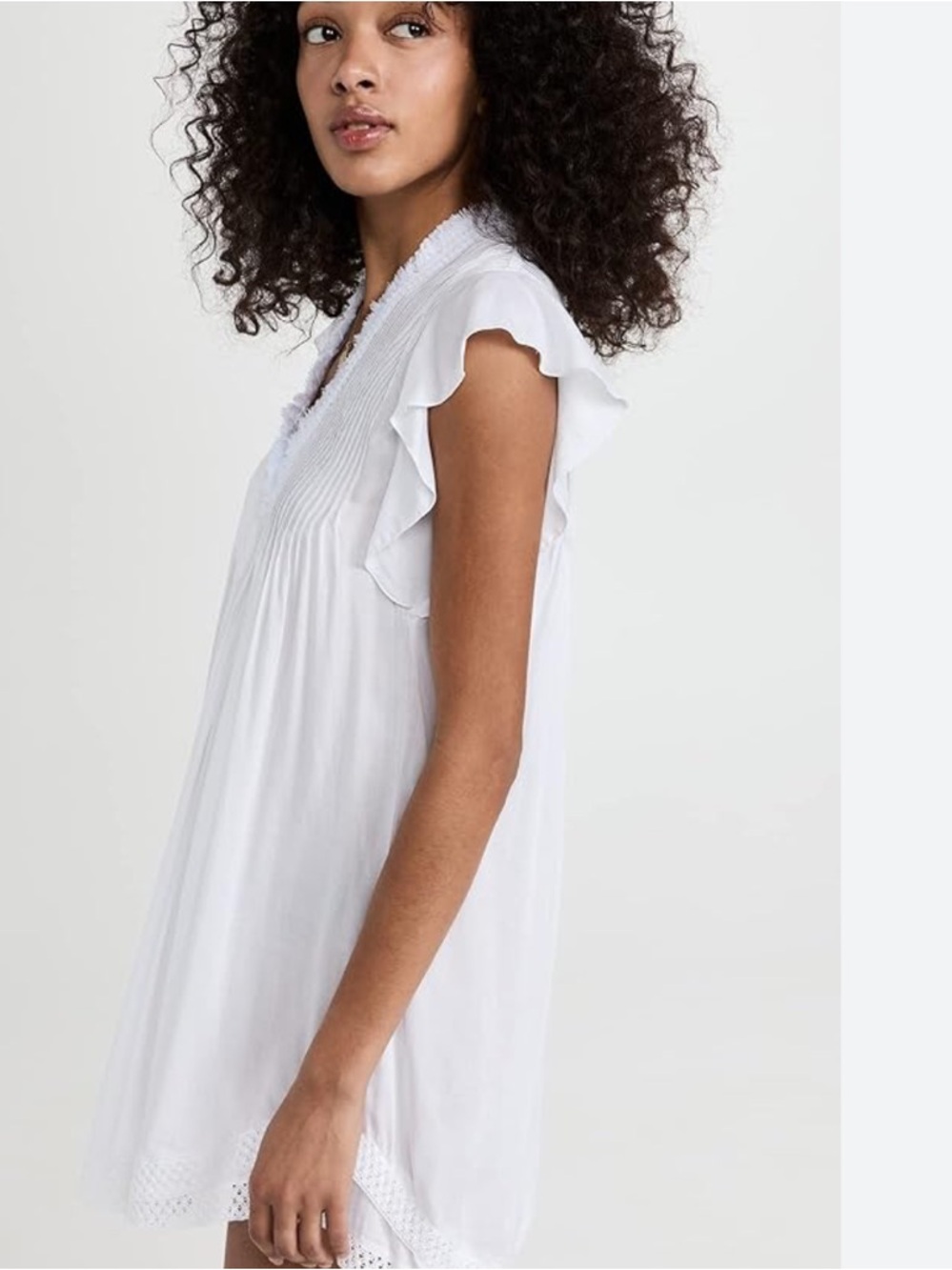 White cotton Flutter Sleeve Tunic Dress embroidered  gauzy prairie cottage fairy